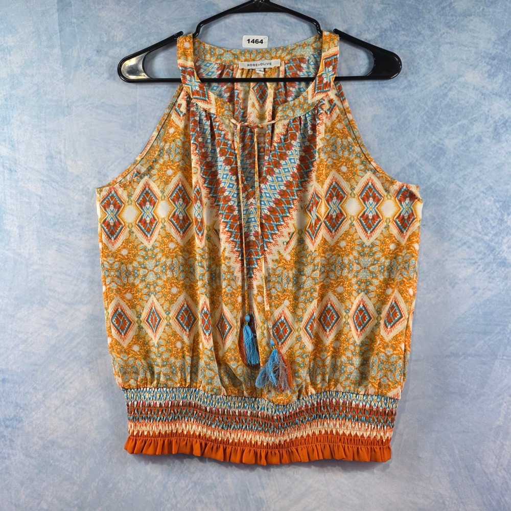 Rose + Olive Womens Boho Geometric Halter Top Orange Blue Tassel Smocked Medium